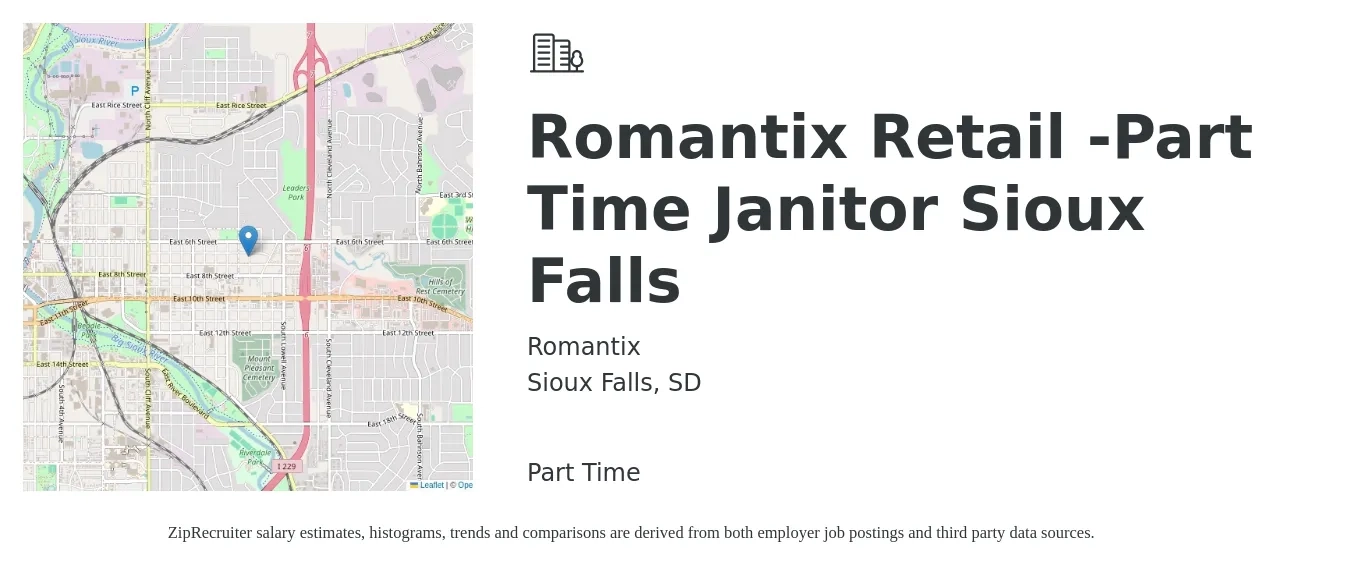 Romantix job posting for a Romantix Retail - Part Time Janitor Sioux Falls in Sioux Falls, SD with a salary of $14 Hourly with a map of Sioux Falls location.