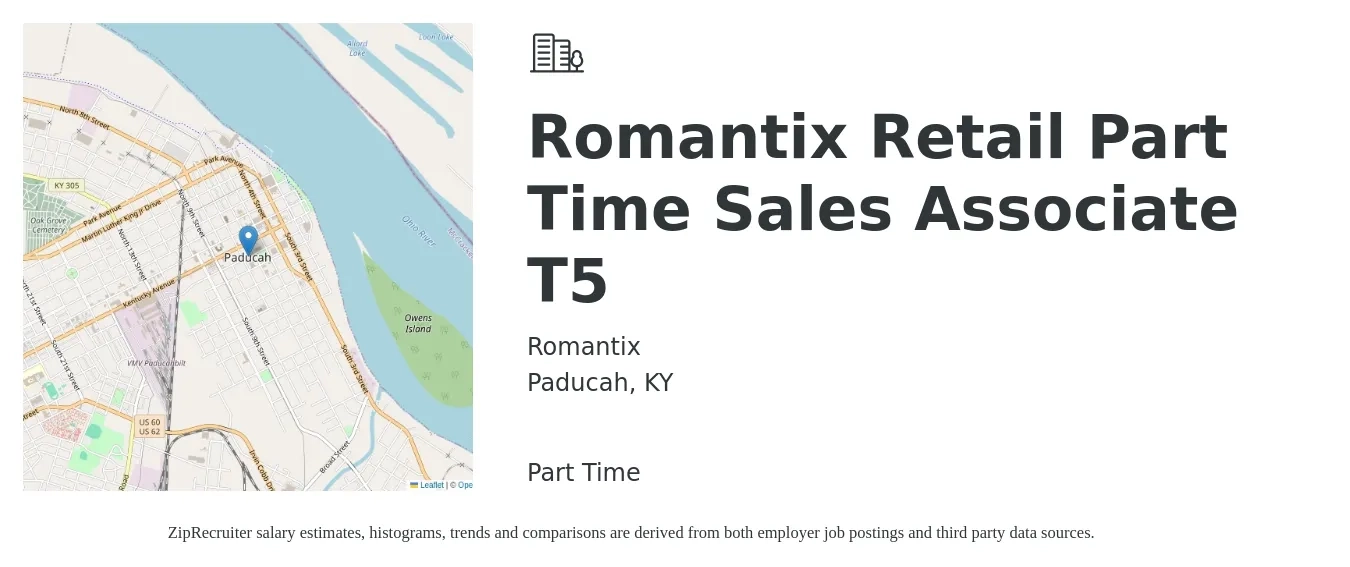 Romantix job posting for a Romantix Retail Part Time Sales Associate T5 in Paducah, KY with a salary of $12 Hourly with a map of Paducah location.
