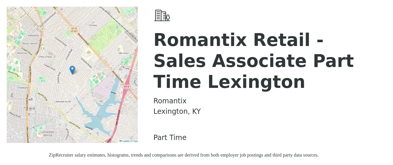 Romantix job posting for a Romantix Retail -Sales Associate Part Time Lexington in Lexington, KY with a salary of $13 Hourly with a map of Lexington location.