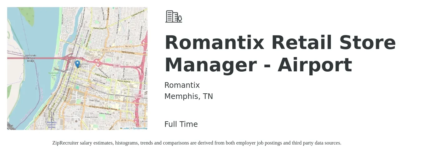 Romantix job posting for a Romantix Retail Store Manager - Airport in Memphis, TN with a salary of $19 Hourly with a map of Memphis location.