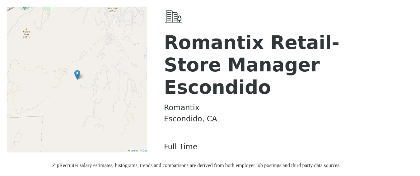 Romantix job posting for a Romantix Retail- Store Manager Escondido in Escondido, CA with a salary of $19 to $29 Hourly with a map of Escondido location.