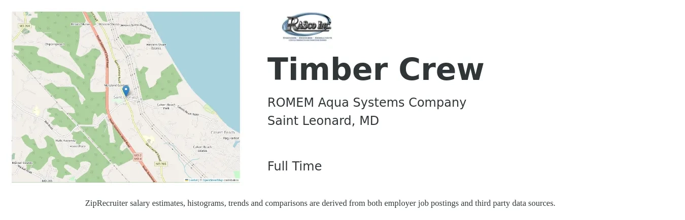 ROMEM Aqua Systems Company job posting for a Timber Crew in Saint Leonard, MD with a salary of $18 to $27 Hourly with a map of Saint Leonard location.