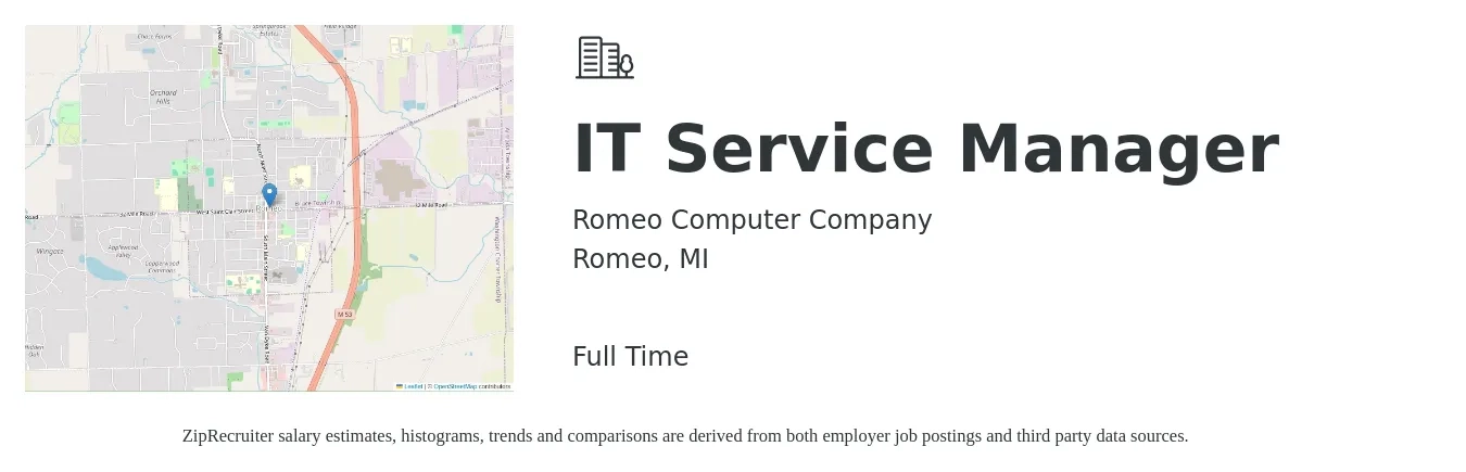 Romeo Computer Company job posting for a IT Service Manager in Romeo, MI with a salary of $79,600 to $124,500 Yearly with a map of Romeo location.
