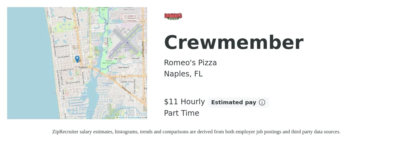 Romeo's Pizza job posting for a Crewmember in Naples, FL with a salary of $12 Hourly with a map of Naples location.