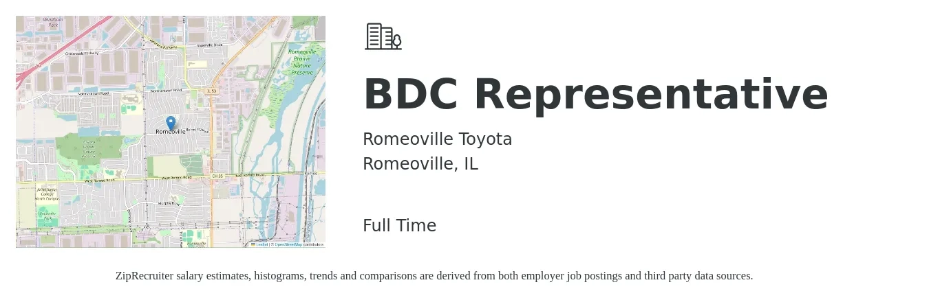 Romeoville Toyota job posting for a BDC Representative in Romeoville, IL with a salary of $15 to $20 Hourly with a map of Romeoville location.
