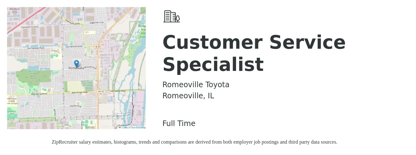 Romeoville Toyota job posting for a Customer Service Specialist in Romeoville, IL with a salary of $17 to $23 Hourly with a map of Romeoville location.