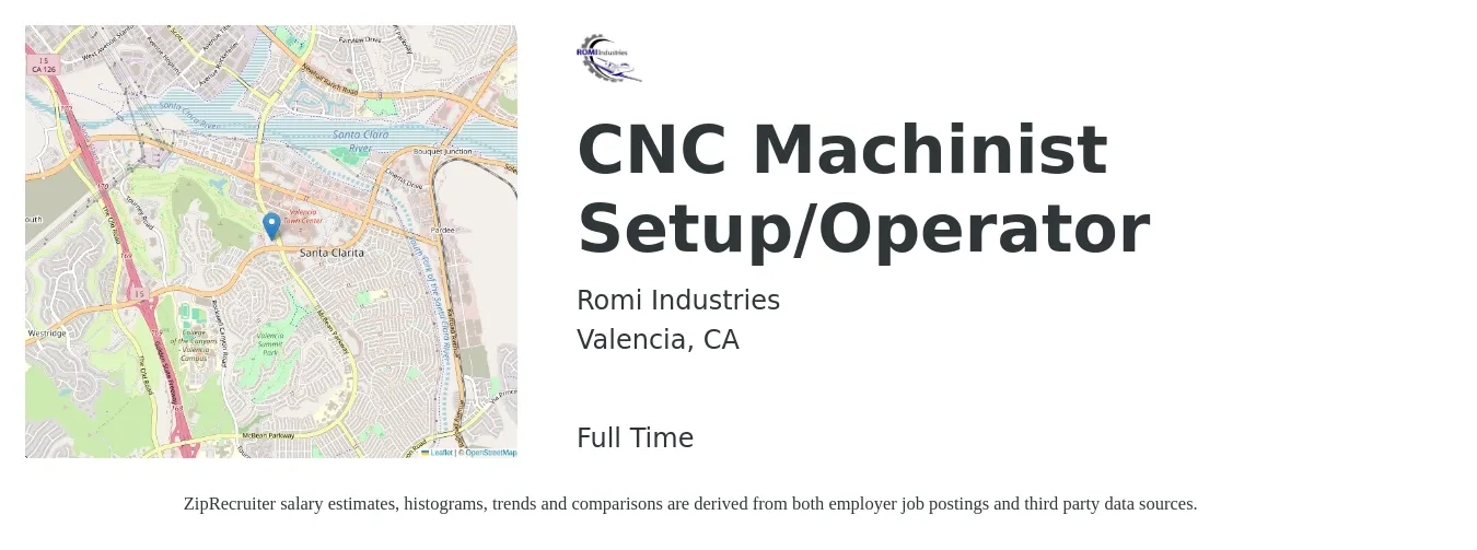 Romi Industries job posting for a CNC Machinist Setup/Operator in Valencia, CA with a salary of $19 to $27 Hourly and benefits including pto with a map of Valencia location.