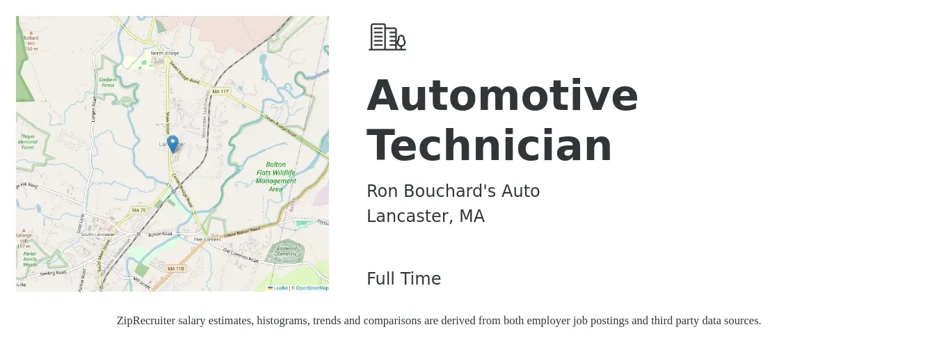 Ron Bouchard's Auto job posting for a Automotive Technician in Lancaster, MA with a salary of $22 to $36 Hourly with a map of Lancaster location.
