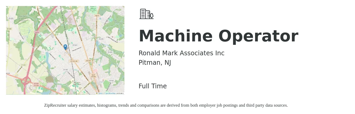 Ronald Mark Associates Inc job posting for a Machine Operator in Pitman, NJ with a salary of $16 to $19 Hourly with a map of Pitman location.