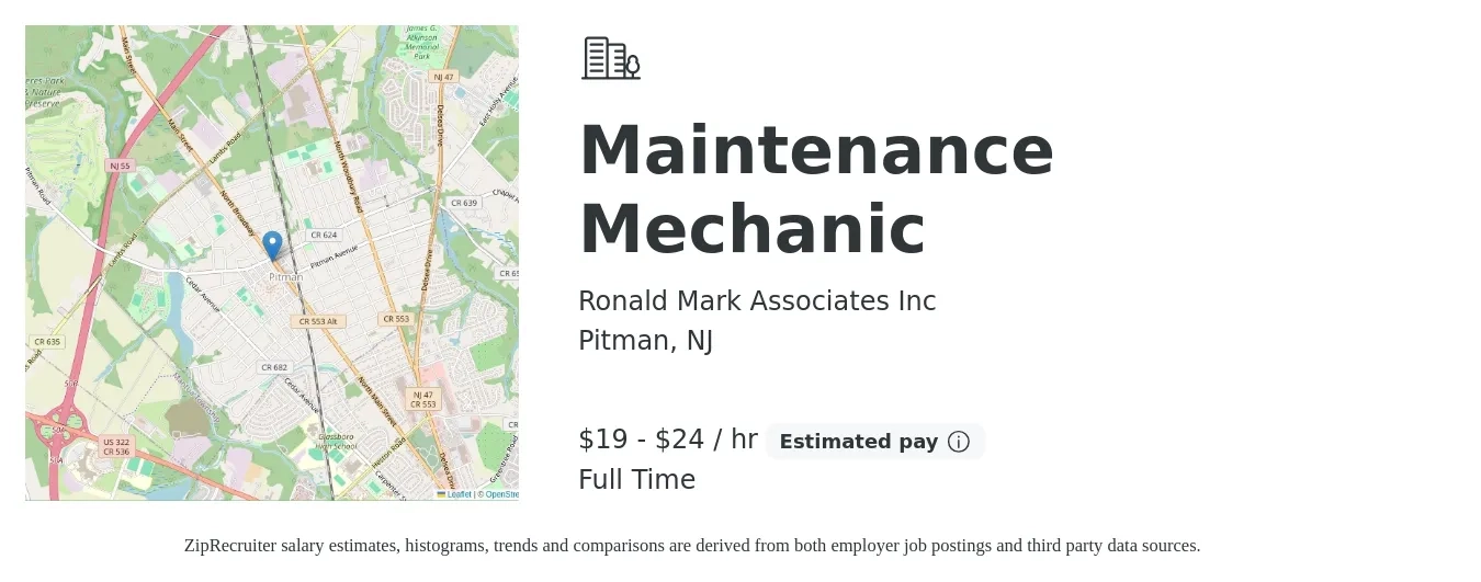 Ronald Mark Associates Inc job posting for a Maintenance Mechanic in Pitman, NJ with a salary of $20 to $25 Hourly with a map of Pitman location.