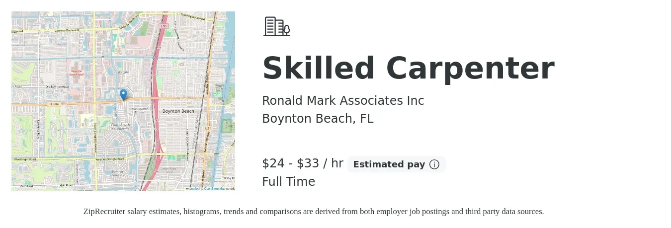 Ronald Mark Associates Inc job posting for a Skilled Carpenter in Boynton Beach, FL with a salary of $25 to $35 Hourly with a map of Boynton Beach location.