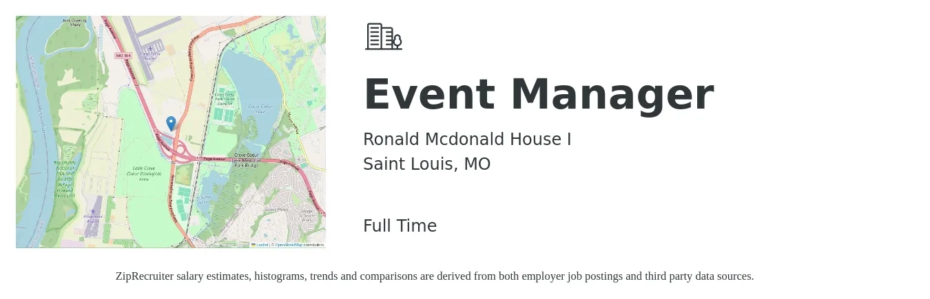Ronald Mcdonald House I job posting for a Event Manager in Saint Louis, MO with a salary of $42,100 to $70,200 Yearly with a map of Saint Louis location.