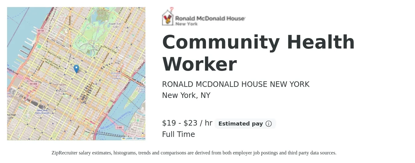 RONALD MCDONALD HOUSE NEW YORK job posting for a Community Health Worker in New York, NY with a salary of $20 to $24 Hourly with a map of New York location.