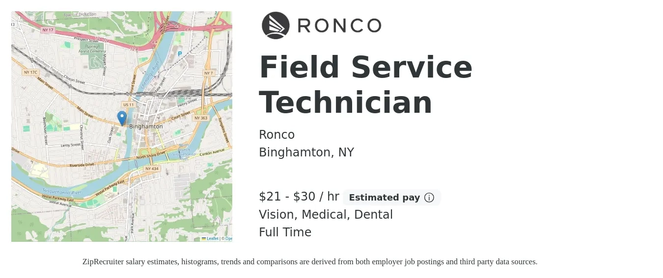 Ronco job posting for a Field Service Technician in Binghamton, NY with a salary of $22 to $31 Hourly and benefits including vision, dental, life_insurance, medical, pto, and retirement with a map of Binghamton location.