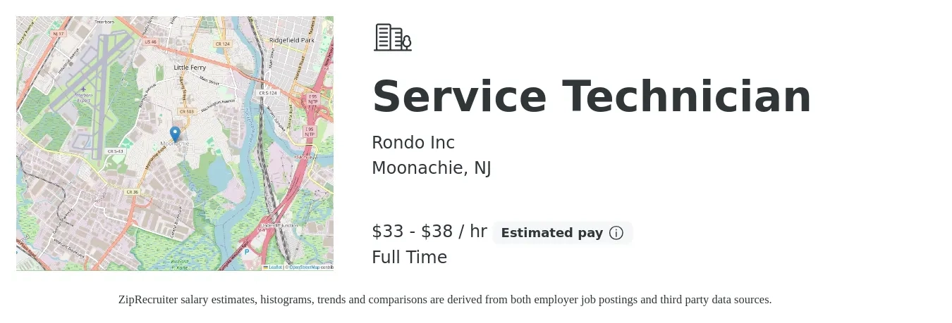 Rondo Inc job posting for a Service Technician in Moonachie, NJ with a salary of $35 to $40 Hourly with a map of Moonachie location.