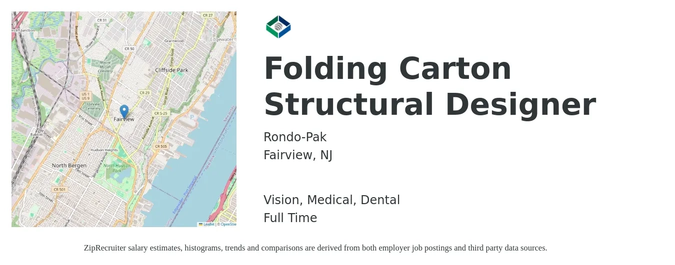 Rondo-Pak job posting for a Folding Carton Structural Designer in Fairview, NJ with a salary of $36 to $60 Hourly and benefits including dental, life_insurance, medical, pto, retirement, and vision with a map of Fairview location.