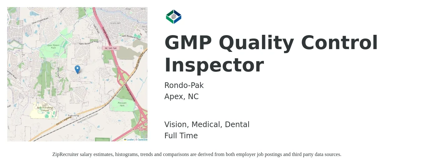 Rondo-Pak job posting for a GMP Quality Control Inspector in Apex, NC with a salary of $14 to $19 Hourly and benefits including life_insurance, medical, pto, retirement, vision, and dental with a map of Apex location.