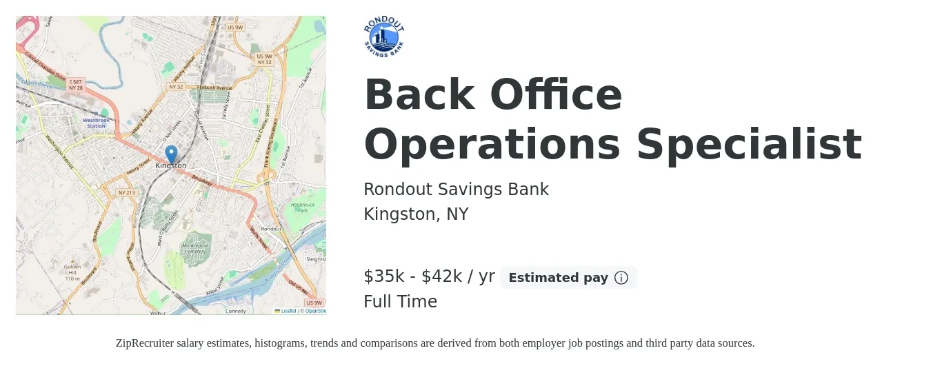 Rondout Savings Bank job posting for a Back Office Operations Specialist in Kingston, NY with a salary of $35,500 to $42,500 Yearly with a map of Kingston location.