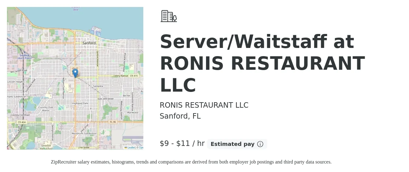 RONIS RESTAURANT LLC job posting for a Server/Waitstaff at RONIS RESTAURANT LLC in Sanford, FL with a salary of $10 to $12 Hourly with a map of Sanford location.