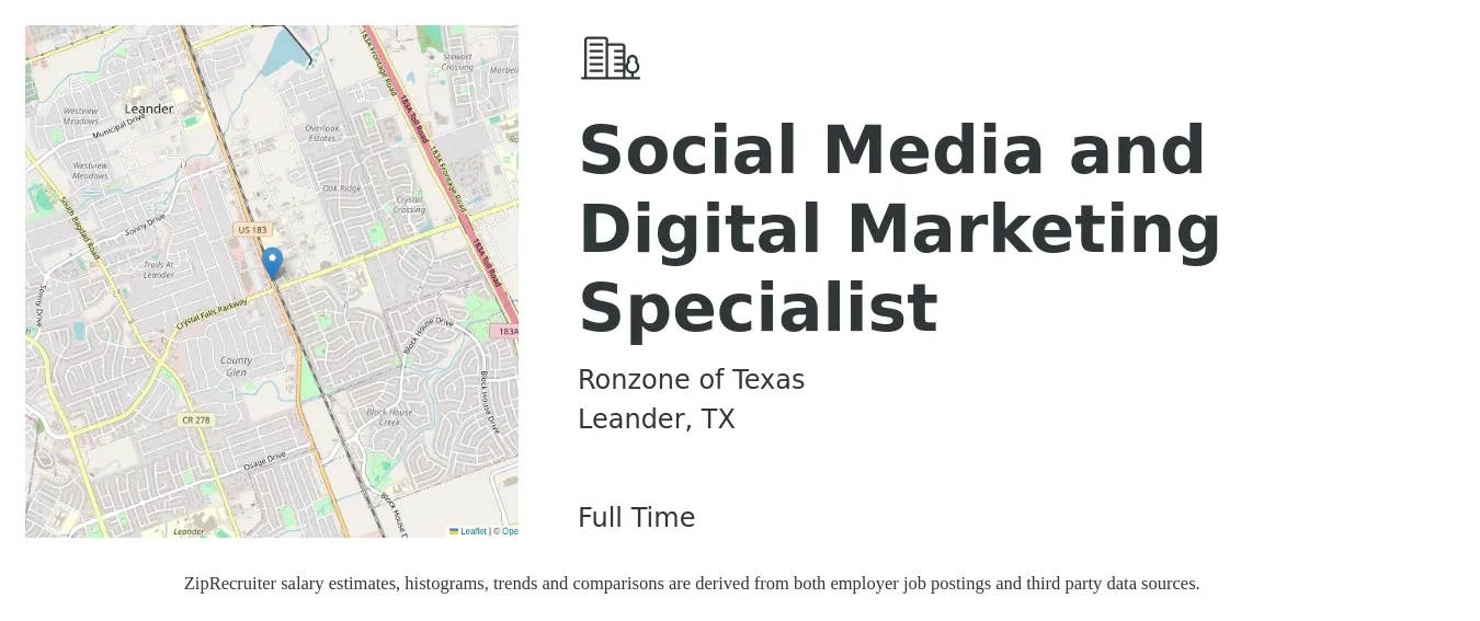 Ronzone of Texas job posting for a Social Media and Digital Marketing Specialist in Leander, TX with a salary of $40,100 to $59,200 Yearly with a map of Leander location.