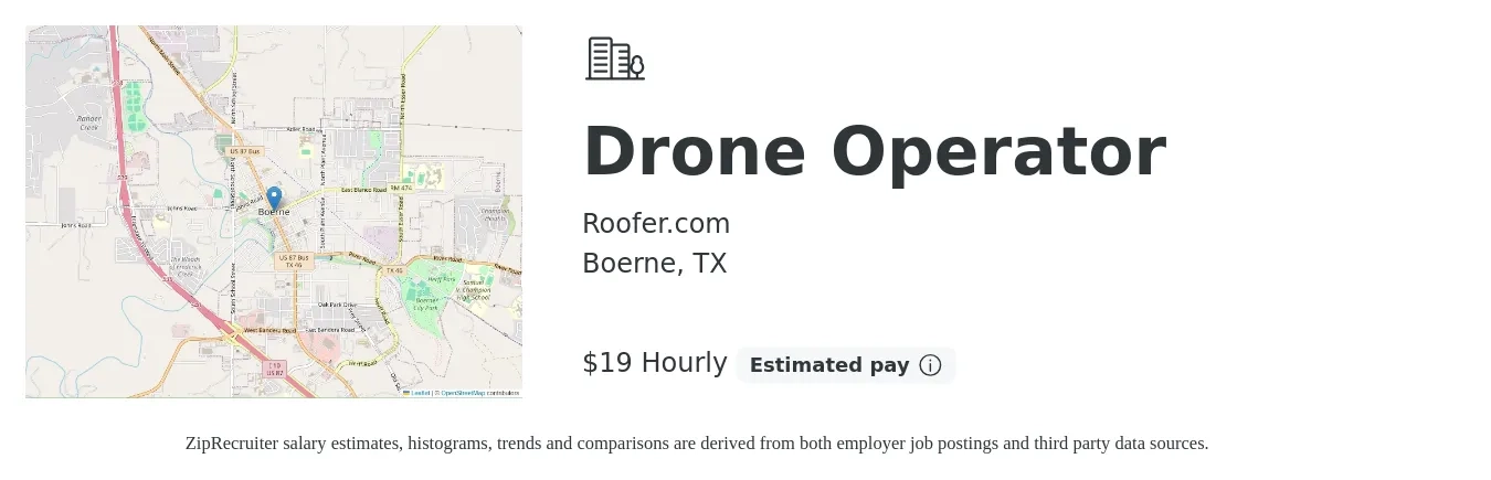 Roofer.com job posting for a Drone Operator in Boerne, TX with a salary of $20 Hourly with a map of Boerne location.