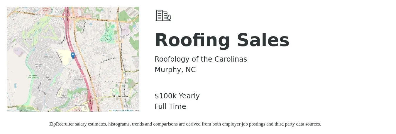 Roofology of the Carolinas job posting for a Roofing Sales in Murphy, NC with a salary of $100,000 Yearly with a map of Murphy location.