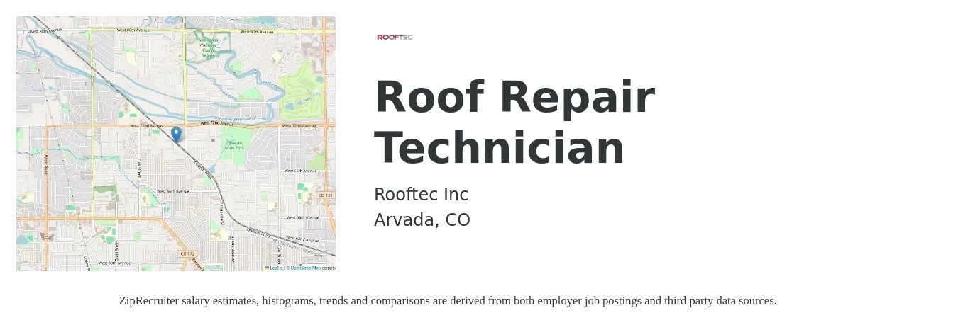RoofTec-LLC job posting for a Roof Repair Technician in Arvada, CO with a salary of $20 to $25 Hourly with a map of Arvada location.