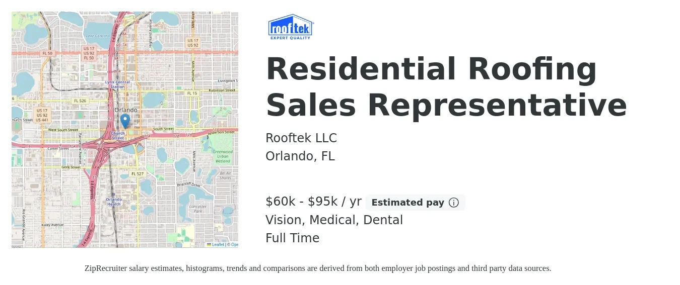Rooftek LLC job posting for a Residential Roofing Sales Representative in Orlando, FL with a salary of $60,000 to $95,000 Yearly (plus commission) and benefits including vision, dental, and medical with a map of Orlando location.