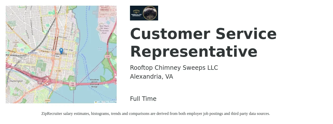Rooftop Chimney Sweeps LLC job posting for a Customer Service Representative in Alexandria, VA with a salary of $17 to $23 Hourly with a map of Alexandria location.