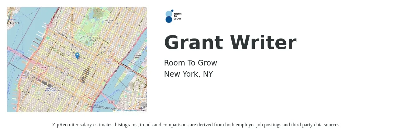 Room To Grow job posting for a Grant Writer in New York, NY with a salary of $65,000 to $75,000 Yearly with a map of New York location.