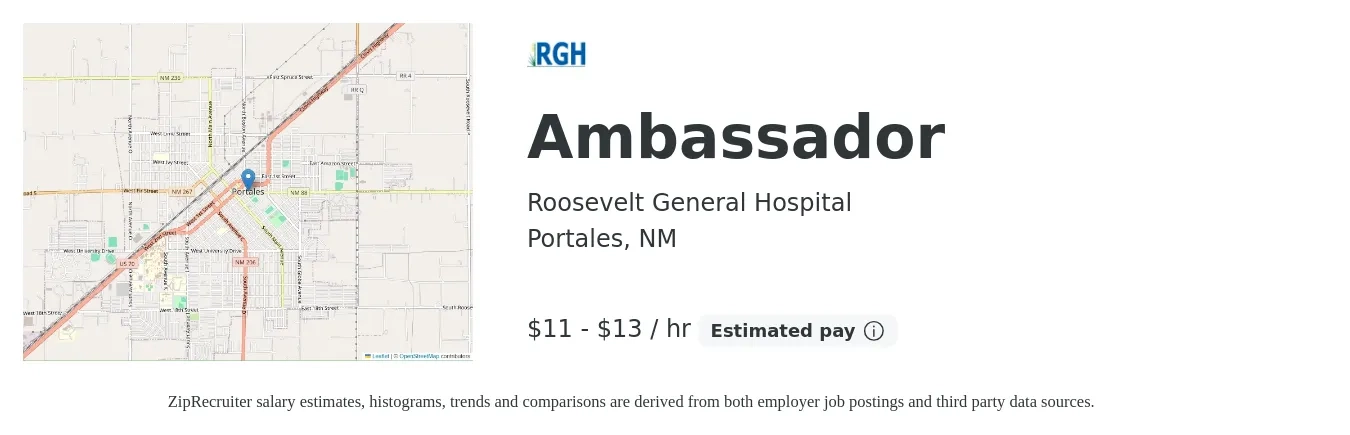 Roosevelt General Hospital job posting for a Ambassador in Portales, NM with a salary of $12 to $14 Hourly with a map of Portales location.