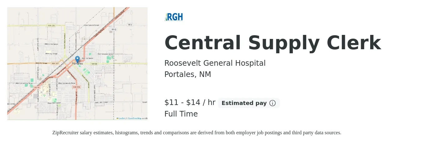 Roosevelt General Hospital job posting for a Central Supply Clerk in Portales, NM with a salary of $12 to $15 Hourly with a map of Portales location.
