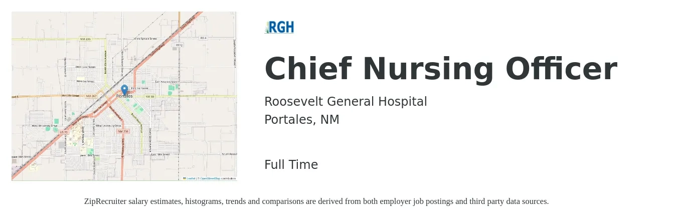 Roosevelt General Hospital job posting for a Chief Nursing Officer in Portales, NM with a salary of $107,900 to $148,100 Yearly with a map of Portales location.