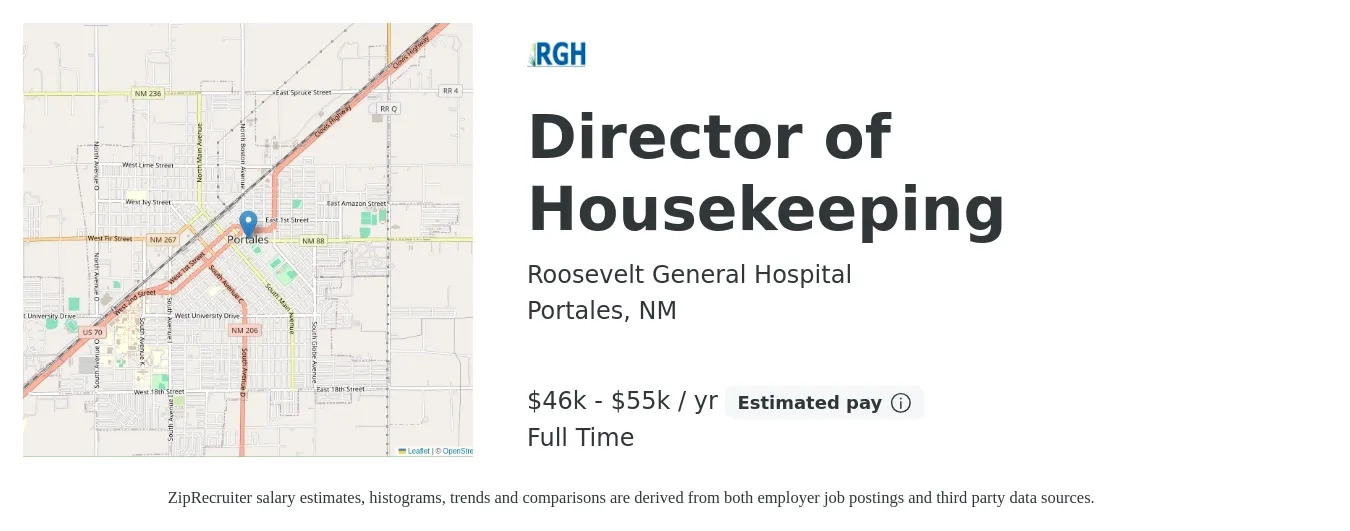 Roosevelt General Hospital job posting for a Director of Housekeeping in Portales, NM with a salary of $46,000 to $55,000 Yearly with a map of Portales location.