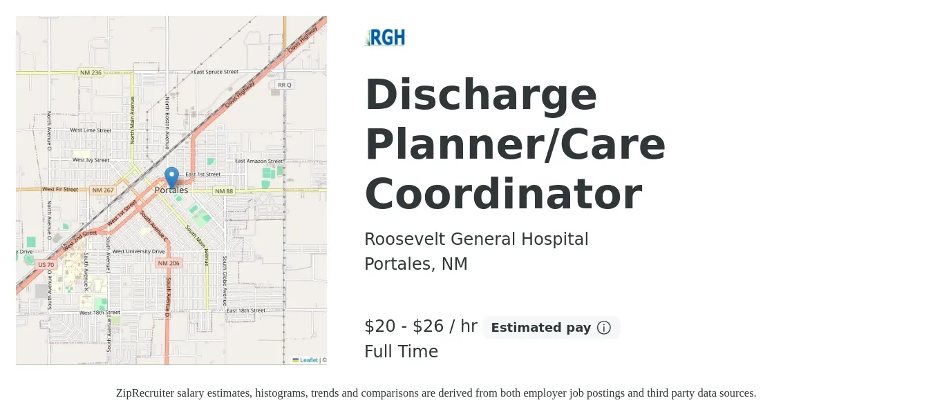 Roosevelt General Hospital job posting for a Discharge Planner/Care Coordinator in Portales, NM with a salary of $21 to $28 Hourly with a map of Portales location.