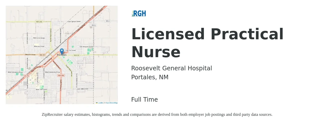 Roosevelt General Hospital job posting for a Licensed Practical Nurse in Portales, NM with a salary of $22 to $30 Hourly with a map of Portales location.