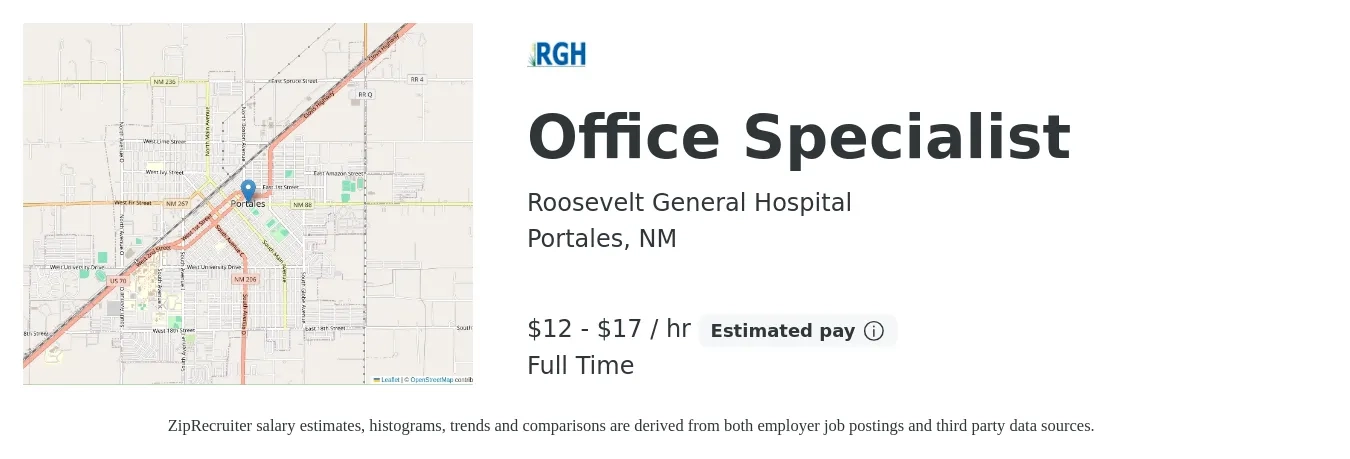 Roosevelt General Hospital job posting for a Office Specialist in Portales, NM with a salary of $13 to $18 Hourly with a map of Portales location.