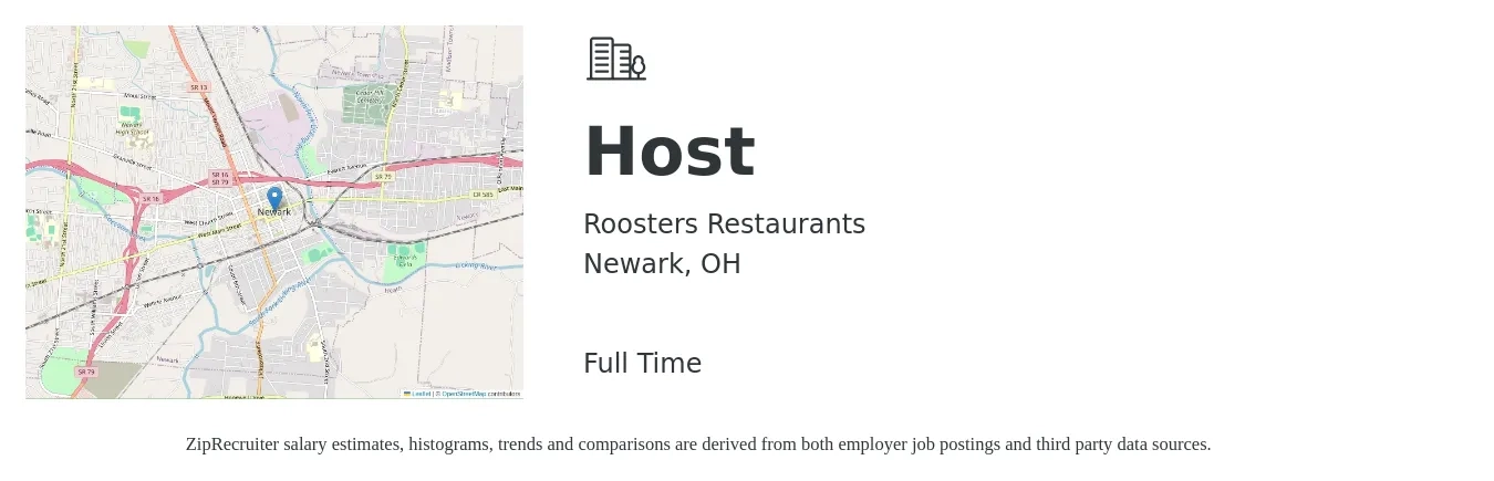 Roosters Restaurants job posting for a Host in Newark, OH with a salary of $11 to $16 Hourly with a map of Newark location.