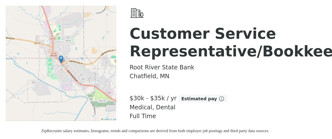 Root River State Bank job posting for a Customer Service Representative/Bookkeeper in Chatfield, MN with a salary of $30,000 to $35,000 Yearly and benefits including dental, life_insurance, medical, and pto with a map of Chatfield location.