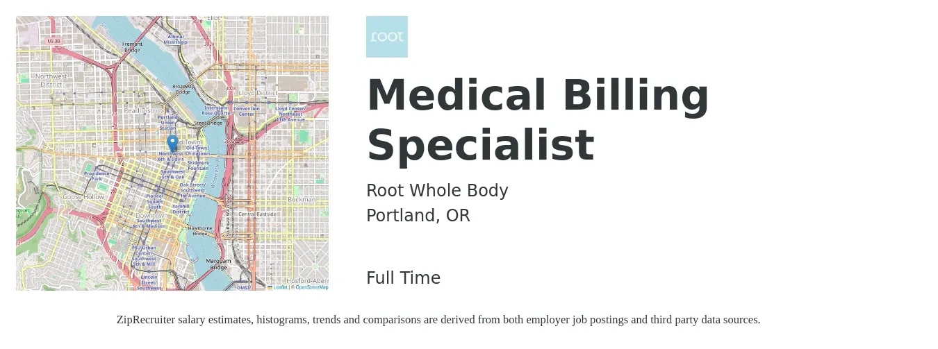 Root Whole Body job posting for a Medical Billing Specialist in Portland, OR with a salary of $19 to $25 Hourly with a map of Portland location.