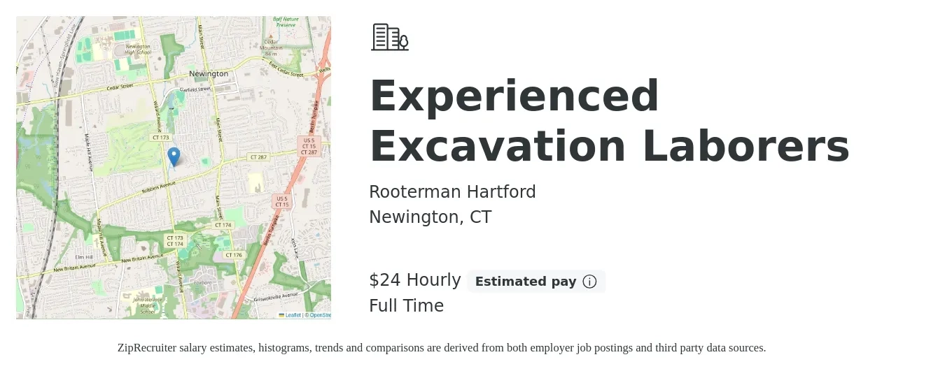 Rooterman Hartford job posting for a Experienced Excavation Laborers in Newington, CT with a salary of $25 Hourly with a map of Newington location.
