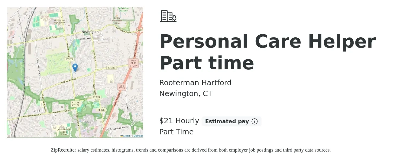 Rooterman Hartford job posting for a Personal Care Helper Part time in Newington, CT with a salary of $22 Hourly with a map of Newington location.