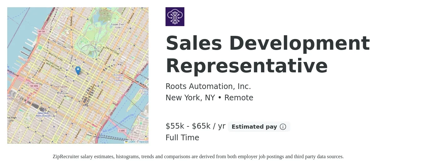 Roots Automation, Inc. job posting for a Sales Development Representative in New York, NY with a salary of $55,000 to $65,000 Yearly with a map of New York location.