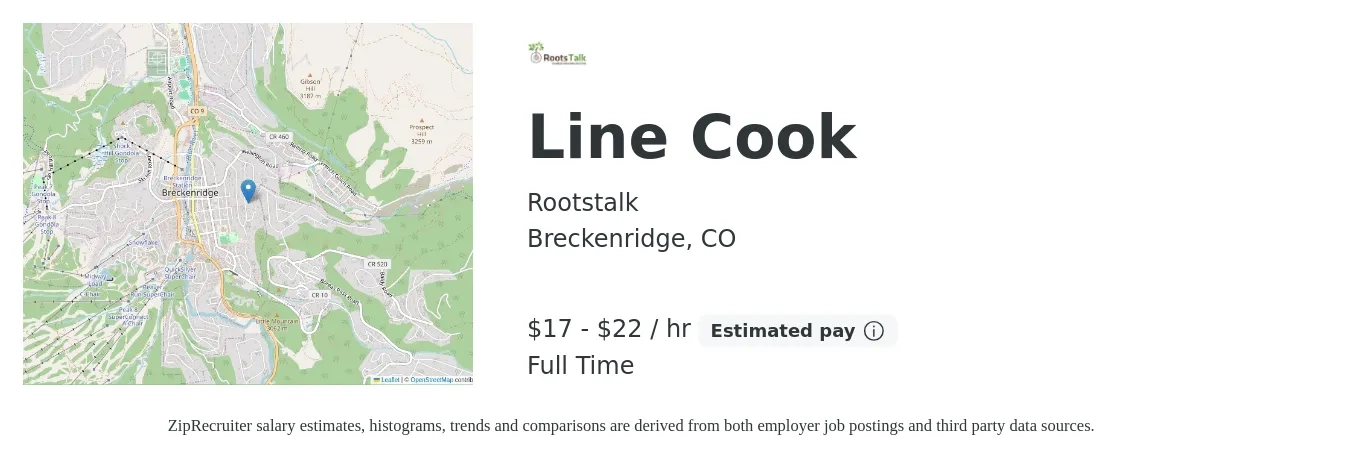 Rootstalk job posting for a Line Cook in Breckenridge, CO with a salary of $18 to $23 Hourly with a map of Breckenridge location.