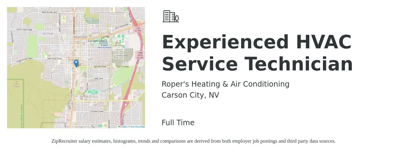 Roper's Heating & Air Conditioning job posting for a Experienced HVAC Service Technician in Carson City, NV with a salary of $23 to $34 Hourly with a map of Carson City location.