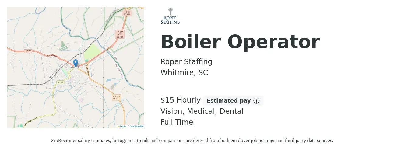 Roper Staffing job posting for a Boiler Operator in Whitmire, SC with a salary of $16 Hourly and benefits including dental, life_insurance, medical, retirement, and vision with a map of Whitmire location.