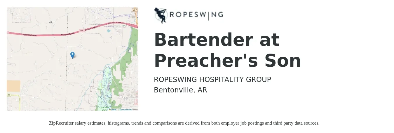 ROPESWING HOSPITALITY GROUP job posting for a Bartender at Preacher's Son in Bentonville, AR with a salary of $9 to $16 Hourly with a map of Bentonville location.