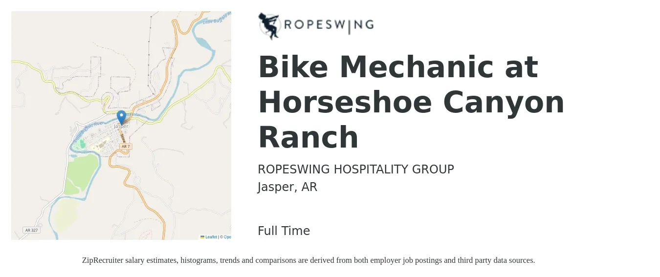 ROPESWING HOSPITALITY GROUP job posting for a Bike Mechanic at Horseshoe Canyon Ranch in Jasper, AR with a salary of $18 to $23 Hourly with a map of Jasper location.