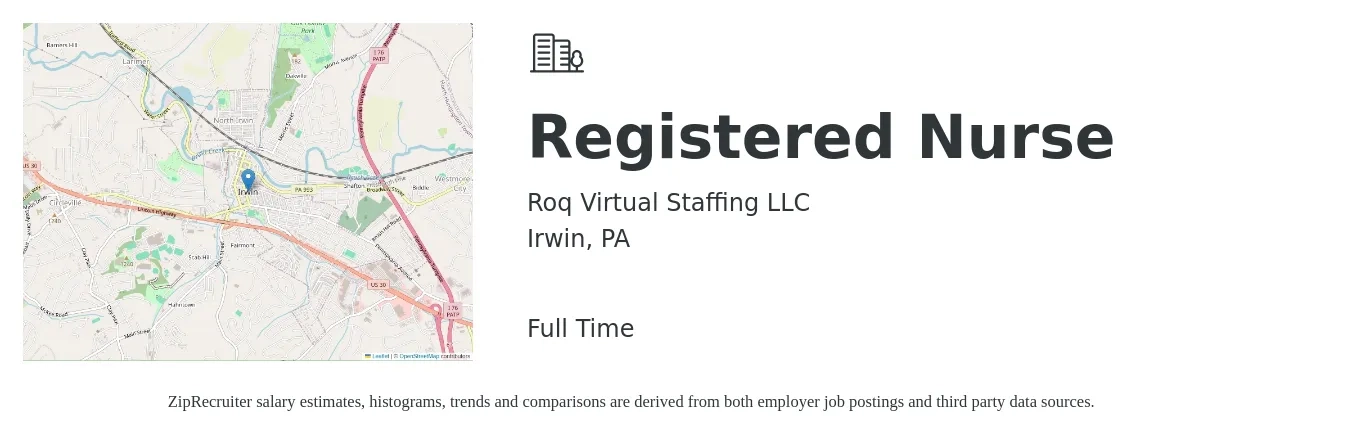 Roq Virtual Staffing LLC job posting for a Registered Nurse in Irwin, PA with a salary of $28 to $44 Hourly with a map of Irwin location.