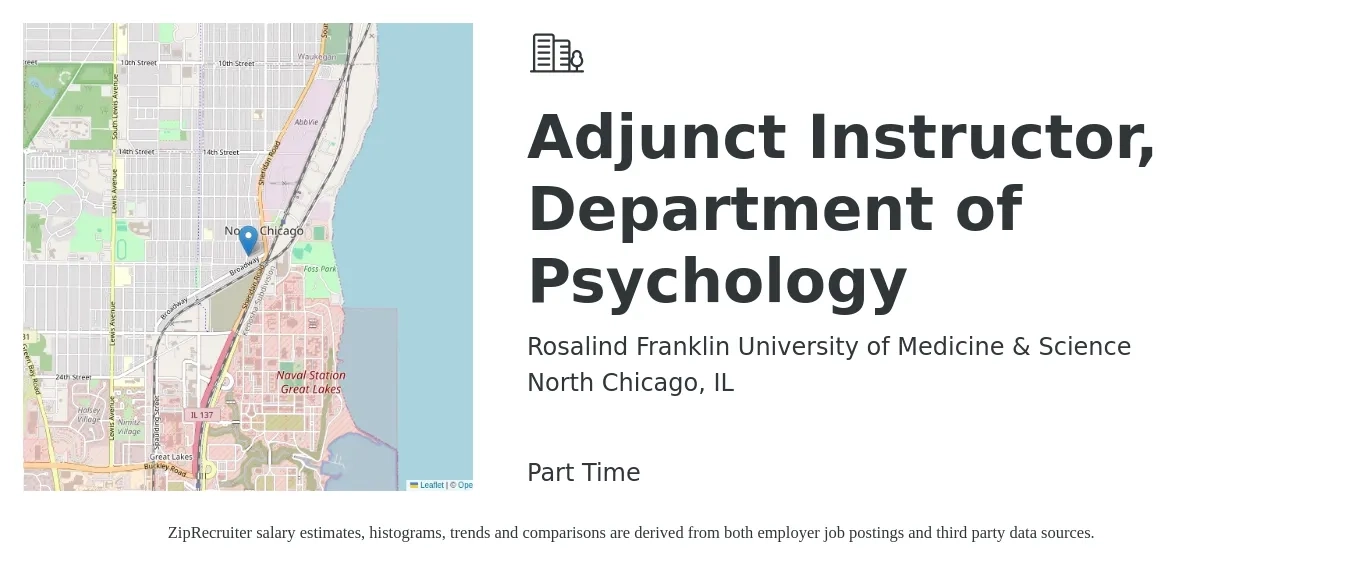 Rosalind Franklin University of Medicine & Science job posting for a Adjunct Instructor, Department of Psychology in North Chicago, IL with a salary of $31 to $58 Hourly with a map of North Chicago location.